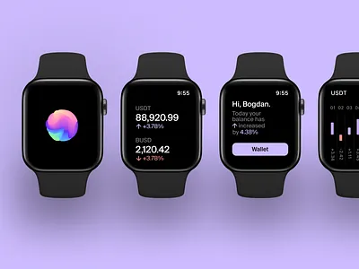 Crypto wallet | Apple Watch apple apple watch balance bar chart chart clean colors crypto graph ios minimal mockup revenue ui ux wallet watch