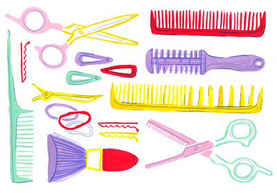 Hair Styling Tools art artwork barber barbershop brush drawing fashion gouache hair hairbrush hairdressing hairstyling illustration illustration design painting scissors spot illustration surface design