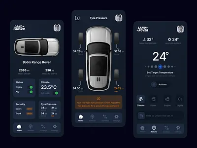 Land Rover Remote App Redesign Concept. animated app car car app car control car remote climate climate control dashboard design land rover motion graphics range rover tire pressure tyre pressure ui ux