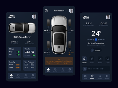 Land Rover Remote App Redesign Concept. animated app car car app car control car remote climate climate control dashboard design land rover motion graphics range rover tire pressure tyre pressure ui ux