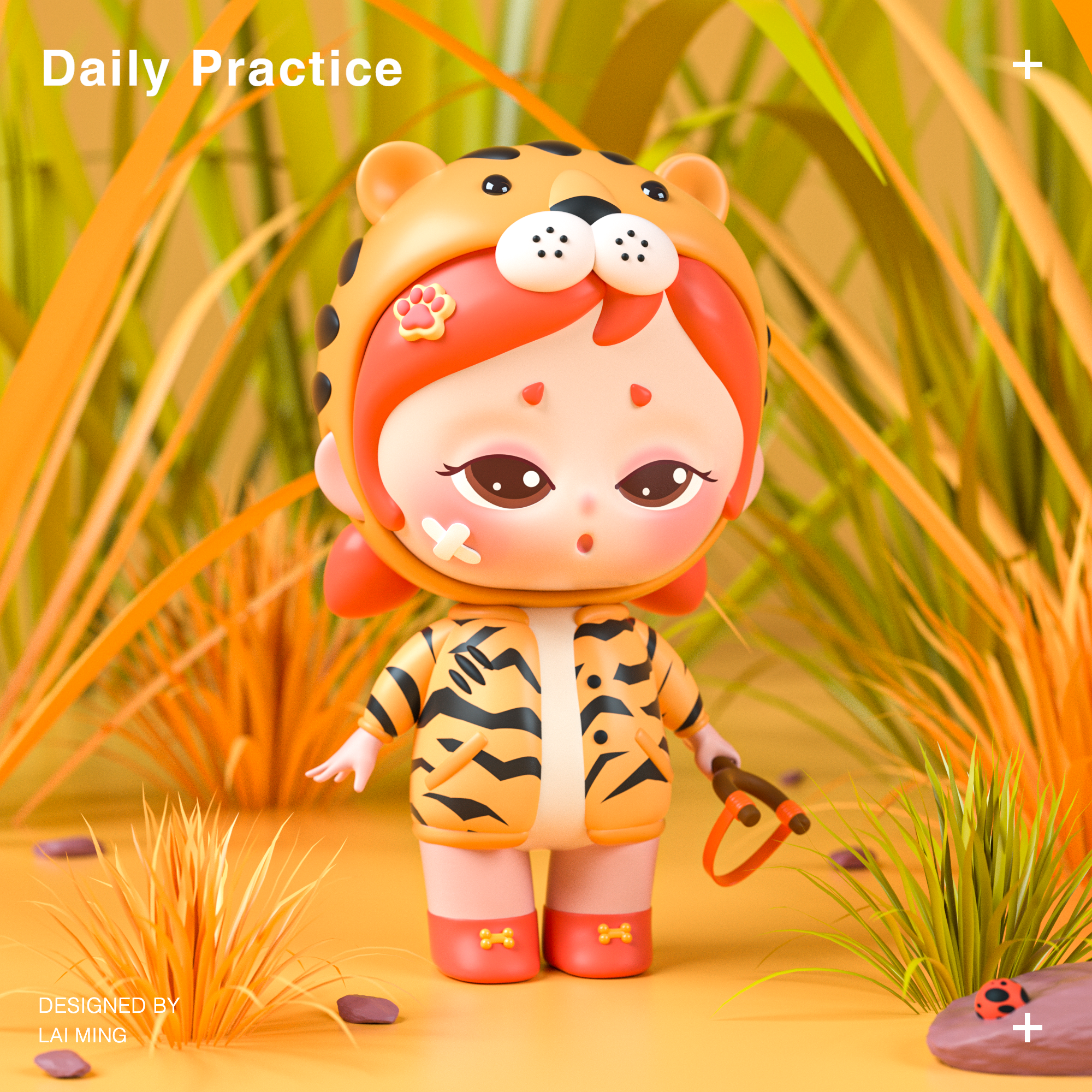 BLIND BOX-TIGER 3d animal beauty blind box c4d child cinema 4d design girl grass gui illustration kids little orange slingshot tiger toys tree yellow