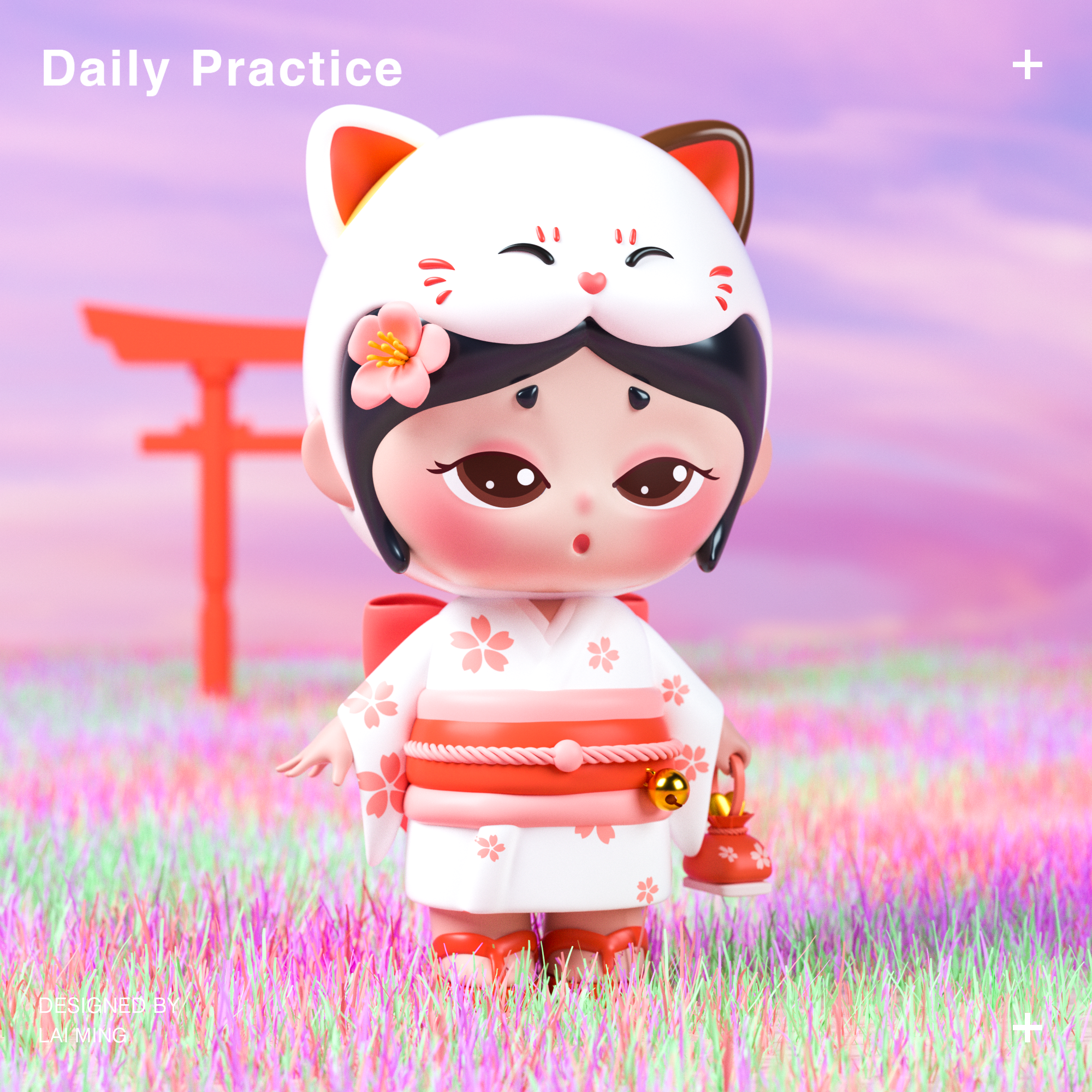 BLIND BOX-FORTUNE CAT 3d animal beauty blind box c4d cat children cinema 4d fortune cat girl grass gui illustration kids little miyajima purple sky toys zbrush