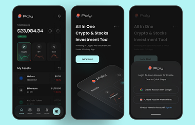 Poly investing app app design clean clean design clean ui crypto dark dark theme design finance investing investment app mobile app mobile app design modern modern app design modern design money nft stock investing ui