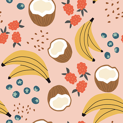 Pink Smoothie fruit seamless repeat vector Pattern with fruit ai banana blueberry fruit fruits illustration illustration art illustrator patterns pink repeat seamless smoothie tropical vector vector art