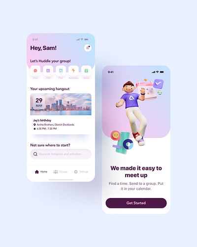Free Social Scheduling Tool for Friends and Family 3d app branding calendar nikku onboarding pastel schedule