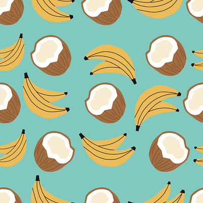 Banana and Coconut Seamless repeat Pattern banana beachy design fruits fruity illustration illustrator juice pattern patterns repeat seamless smoothie tropical vector