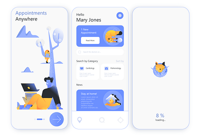 Healthcare app illustrations app cat character clouds covid design doctor gradient health house icon laptop layout loading man medicine nature play tree ui