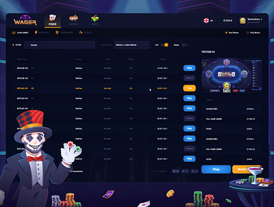 Wager: Lobby page (PEPE Event) betting bonus casino casino platform crypto crypto gambling dark inteframes entrance screen gambling game interface igaming live casino lobby page poker poker game ui web design web3 gaming website