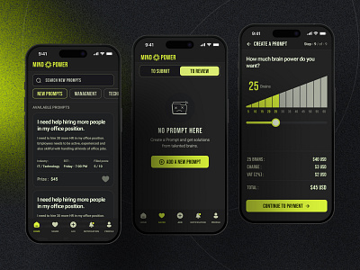 Mind Power – Prompt-Based Hiring App app design clean dark dark mode hire hiring hiring platform job portal jobs management minimal mobile app mobile design neon green prompt task management task system ui user experience ux