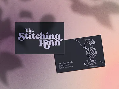 The Stitching Hour Business Cards brand brand identity branding business cards craft craft store crafting feminine knit knitter knitting logo lys print purple retail shop store witchy yarn store