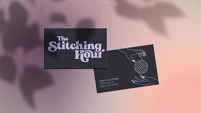 The Stitching Hour Business Cards brand brand identity branding business cards craft craft store crafting feminine knit knitter knitting logo lys print purple retail shop store witchy yarn store