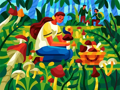 Looking for mushrooms basket bushes cep champignon fall forest friends friendship gallery game illustration girl green leaves illustration leaves mushrooms snail summer trees vector illustration