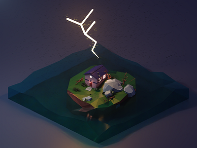 Storm 3d art blender house illustration isometric lighting nature storm tree