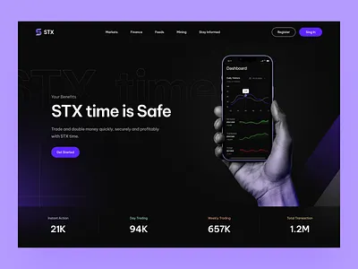 STX: Landing Page Hero bitcoin crypto crypto landing page cryptoart cryptocurrency dark darktheme design illustration landing page landing page hero marketplace nftmarketplace ui design ux ux design uı website