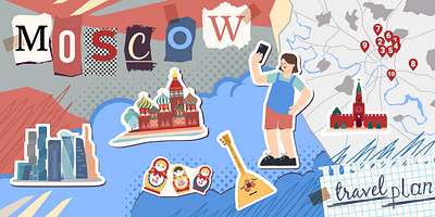 Moscow map composition flat illustration landmark moscow travel vector