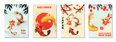 Koi fish posters set chinese fish illustration japanese realistic vector