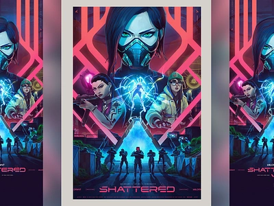 SHATTERED Cinematic Poster // VALORANT cinematic keyart killjoy neon poster posterdesign reyna scifi shattered valorant videogame viper