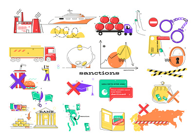 Sanctions icons set flat illustration political restriction sanctions vector