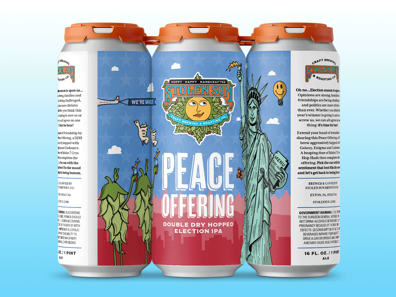 Peace Offering / We're Saved! beer art beer branding beer can beer label design hand drawn illustration packaging statue of liberty