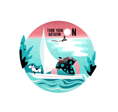Turn your weekend ON character design dog hawaii illustration relax sail sailboat sailing sea surfing tropic vacation vector weekend window