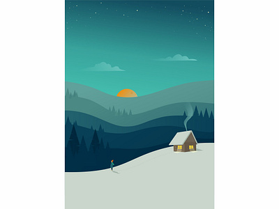 cabin in the woods art cabin design dreamy flat illustration mountains night vector winter