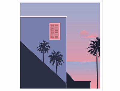 mediteraneean house by the sea art arwork building concept dreamy flat house illustration mediteraneean palmtree sea vector villages window blind