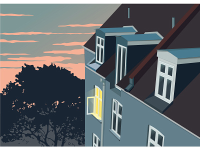 sunset at home architecture art building concept dreamy flat house illustration roof sunset vector window