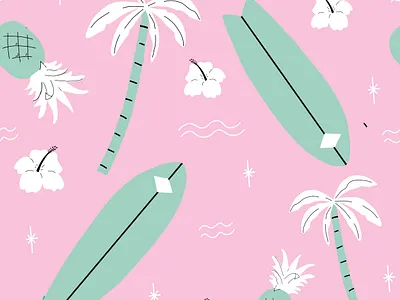 Pink Beach Seamless Surf Pattern beach board flower hawaii illustration palm pattern pineapple pineapples repeat seamless surf trees tropical vector water waves