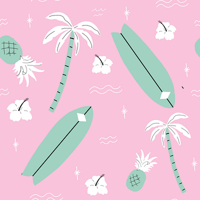 Pink Beach Seamless Surf Pattern beach board flower hawaii illustration palm pattern pineapple pineapples repeat seamless surf trees tropical vector water waves