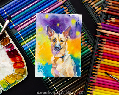 Tiny mixed media German Shepherd dog painting animal animal art animal illustration art colored pencils dog dog art dog illustration dog portrait drawing german shepherd gouache illustration mixed media painting pet traditional art watercolor watercolor art watercolor painting