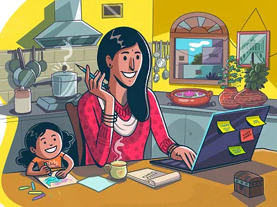killer launch - creative child illustration india mother vector webillustration