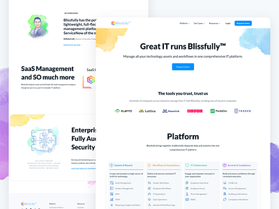 Blissfully New Homepage apps branding dashboard design exploration features homepage icon icon design illustration landing page saas management saas platform testimonial ui design web design