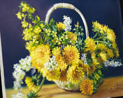 Original Dandelion Flowers in Basket small oil painting on linen dandelion dandelions floral art floral illustration flower flower bouquet flower illustration flower painting flowers flowers illustration flowers in basket illustration oil oil on canvas oil paint oil painting painting still life stilllife traditional art