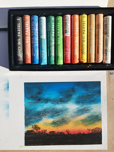 oil-pastels-first-sunset art oil pastels painting pastels sky small format sunset traditional art ukraine