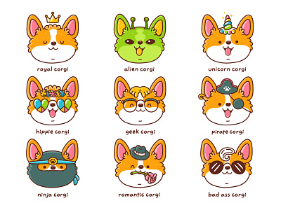 Different Types Of Corgis alien card cartoon character concept corgi corgis cute dog geek hippie illustration kawaii pet poster puppy romantic royal unicorn vector