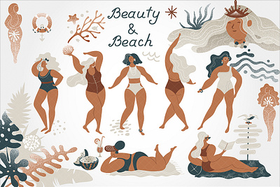 Beaty and Beach beach beach party beautiful beauty body positive character design element girl palm tree pattern summer template tropic tropical vector