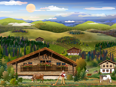 My Cherished Land book illustration character digital art digital illustration digital painting editorial illustration illustration art landscape landscape illustration magazine illustration meadows mountain mountains mural design sunrise switzerland travel illustration vector painting vectors