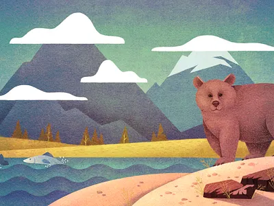 Natural areas of Russia bear fish illustration mountain