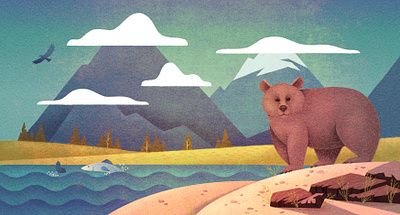 Natural areas of Russia bear fish illustration mountain