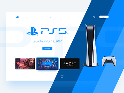 PS 5 Concept Landing Page blue branding clean clean ui design landing page logo minimal ps5 uiux ux web web design website white