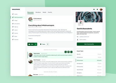 Community and Chat Web App app cacti cactus chat chat app community design flat forum minimal social network socialmedia succulent succulents ui ux web