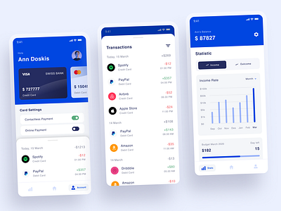 Fintech App blue card cashless clean ios mobile transaction ui user experience user interface ux white
