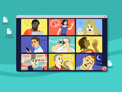 RescueTime WFH Survey illo computers conference call design desktop google hangouts illustration job meeting people remote meeting remote working tech illustration wfh work from home working zoom call