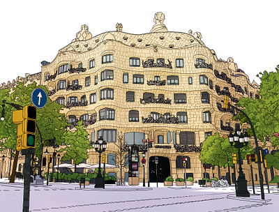 La Pedrera architecture gaudi illustration watercolor