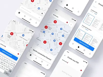 Planning App. Document Overview animation app bar clean map menu mobile ui ux white