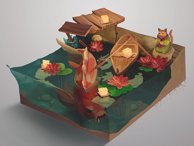 Big koi blender blender3d boat cat handpainted hook illustration isometric isometric art japanese koi koi fish monk pond textures water waterlily