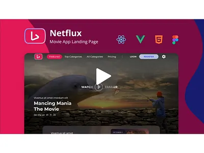 Versatile landing page template designed for streaming services animation cinema corporate dark mode dark ui entertainment figma homepage html landing page motion graphics movie photography react single page streaming ui ux web design website