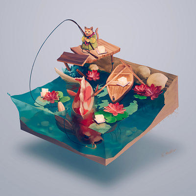 Fishing koi blender blender3d boat cat fishing illustration isometric isometric art japanese koi monk texture waterlily