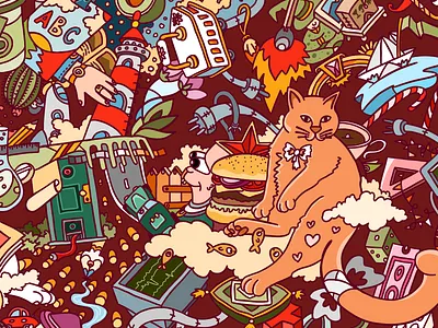 Wimmelbuch and cat cat doodle hand drawn illustration red warm