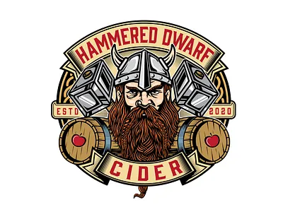 Fantasy cider logo apple barrel beard braid brand identity cider dwarf fantasy graphicdesign hammer helmet horn illustration logo logodesign